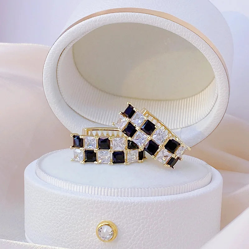 14K real gold plating luxury black and white zircon plaid hoop earrings