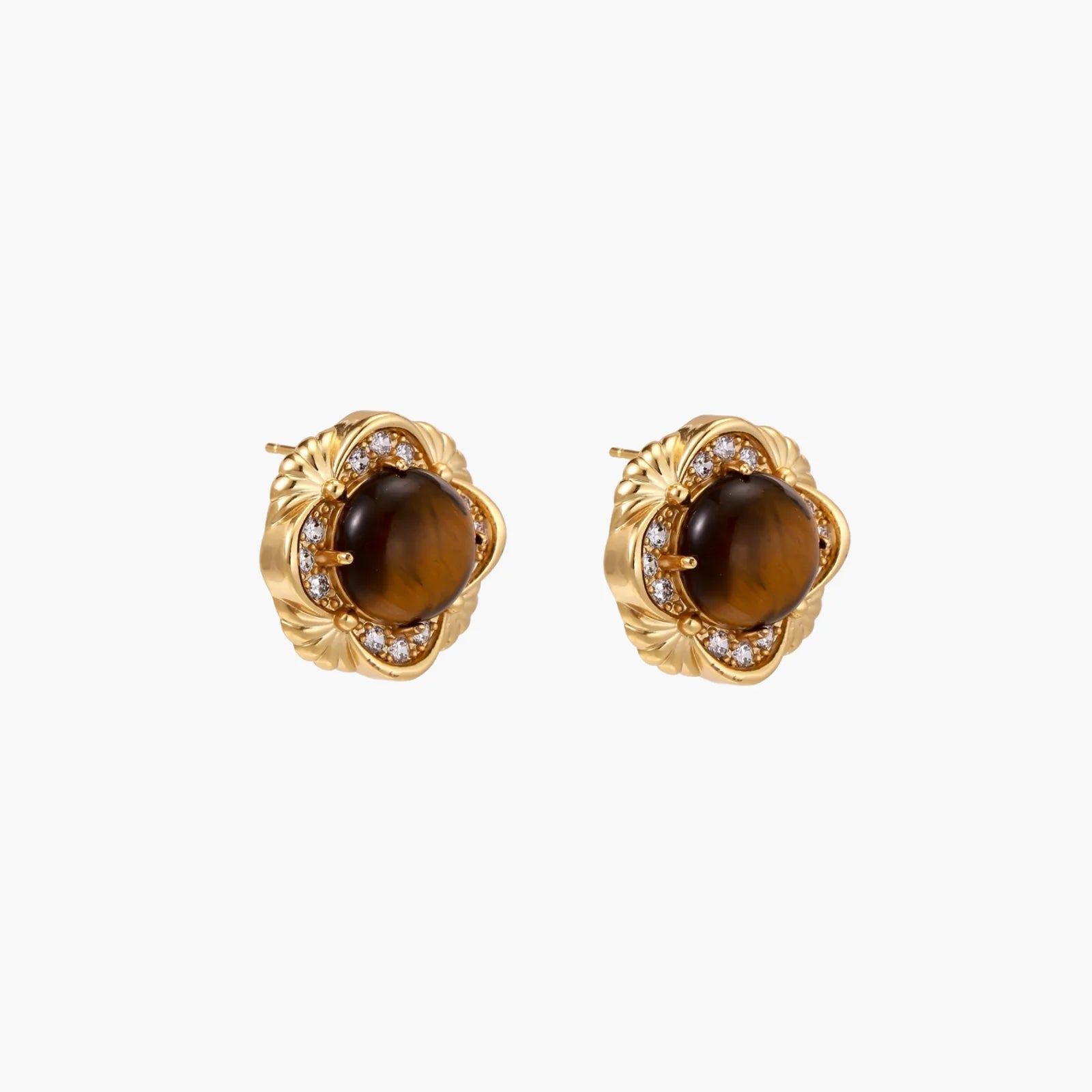 Gold-plated stud earrings with ornate floral frames surrounding cabochon tiger's eye stones and zirconia accents