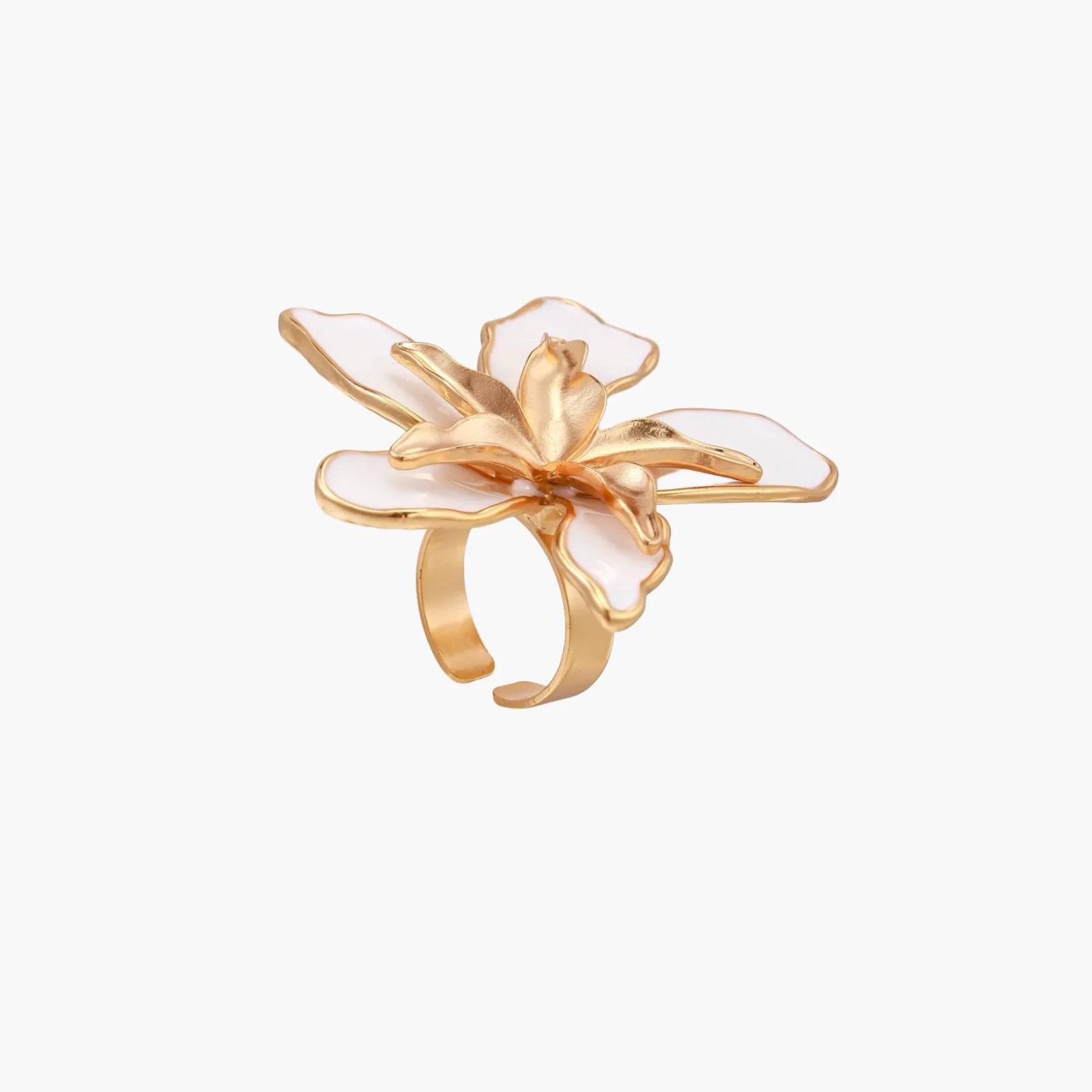 Gold-plated sculptural ring featuring white enamel petals forming an oversized lily bloom on adjustable band