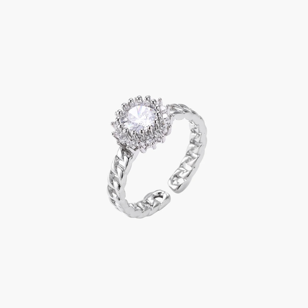 Two adjustable white gold plated rings with chain-link bands, featuring cubic zirconia halo and enamel details