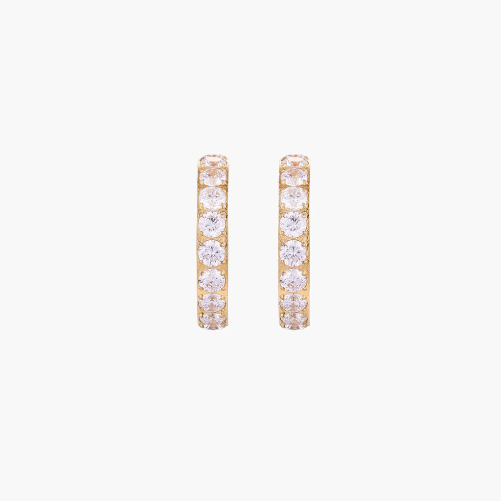 Gold pavé hoop earrings with two freshwater pearls nestled inside the curved design, featuring crystal-studded outer edge.