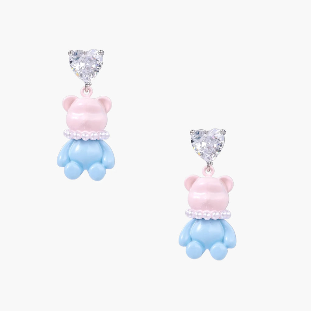 Dangle earrings with heart-cut zirconia studs and pastel teddy bear charms with pearl necklace details