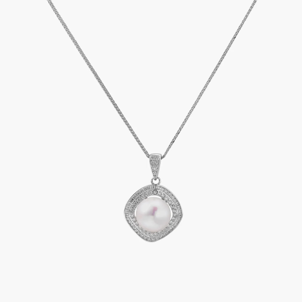 Cushion-shaped double halo pendant with 10mm freshwater pearl center on rhodium-plated sterling silver chain