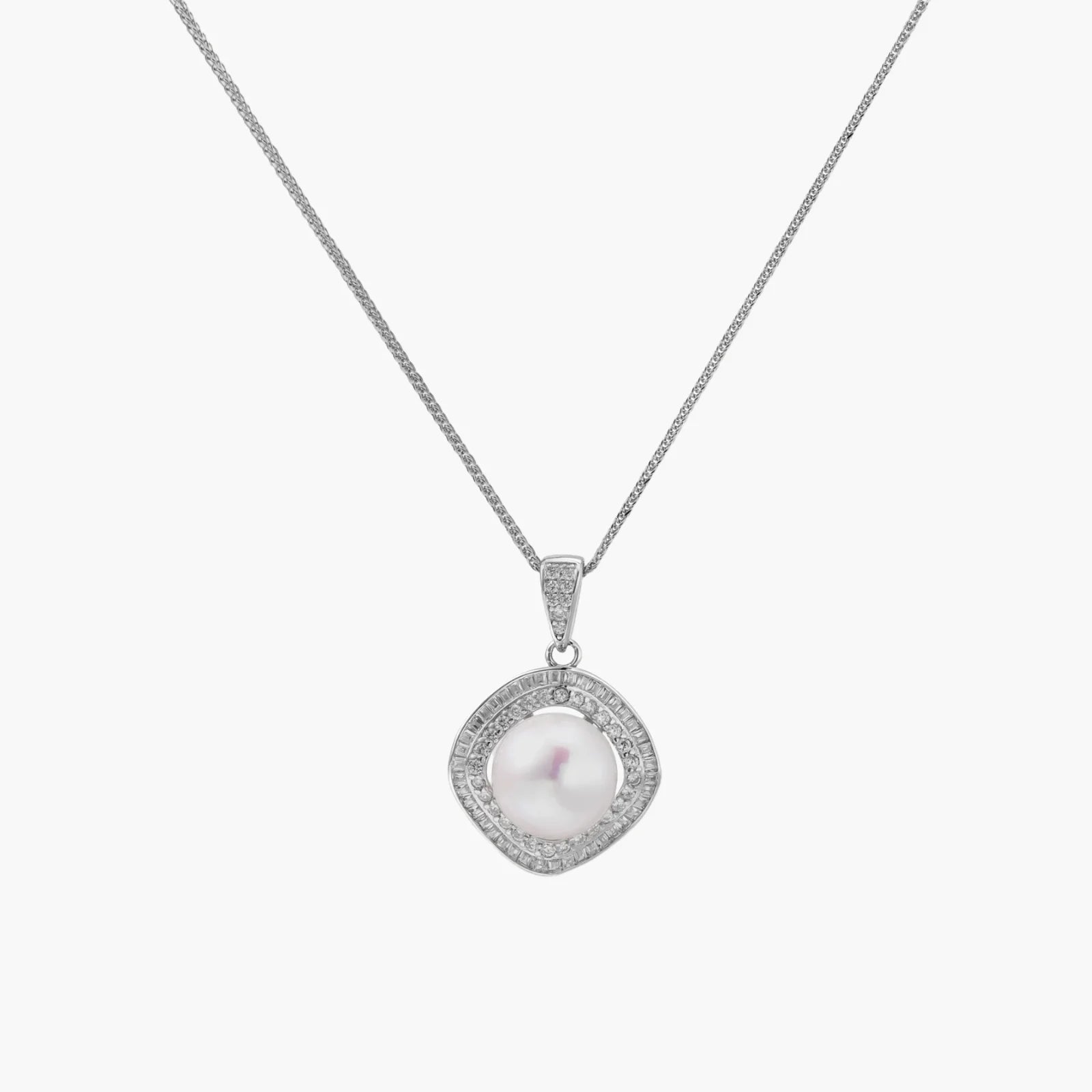 Cushion-shaped double halo pendant with 10mm freshwater pearl center on rhodium-plated sterling silver chain