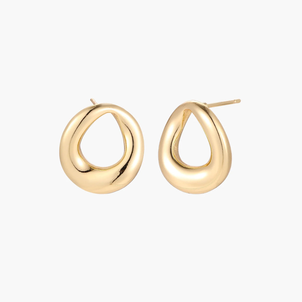 Pair of polished 18K gold-plated stainless steel teardrop earrings with hollow centers on cream background
