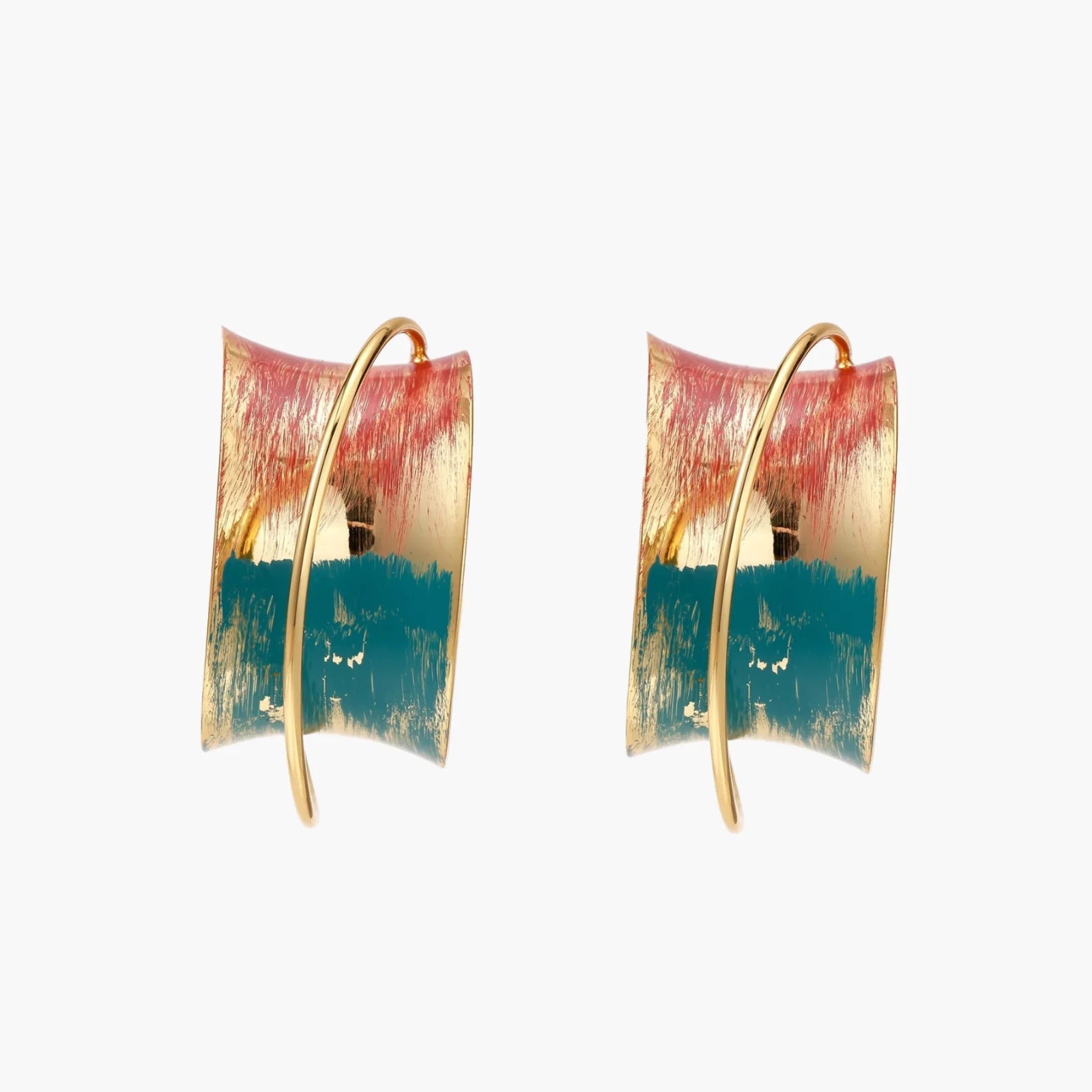 Gold-plated hoop earrings with teal and coral enamel brushstroke design on cream background