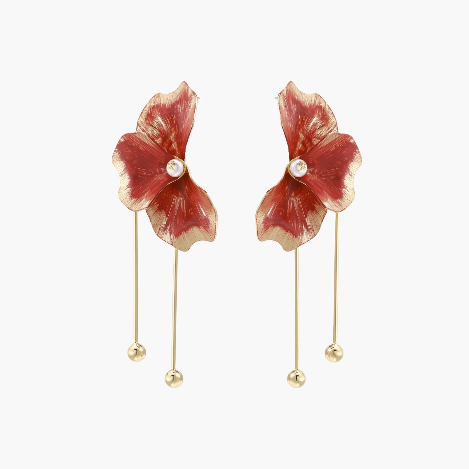 Red enamel flower earrings with gold-plated stems, central pearl, and gradient coral-to-gold petals on white background