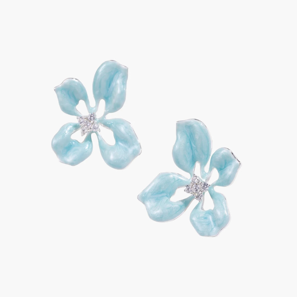 Turquoise enamel flower stud earrings with marbled finish and crystal centers on 18K gold plated brass