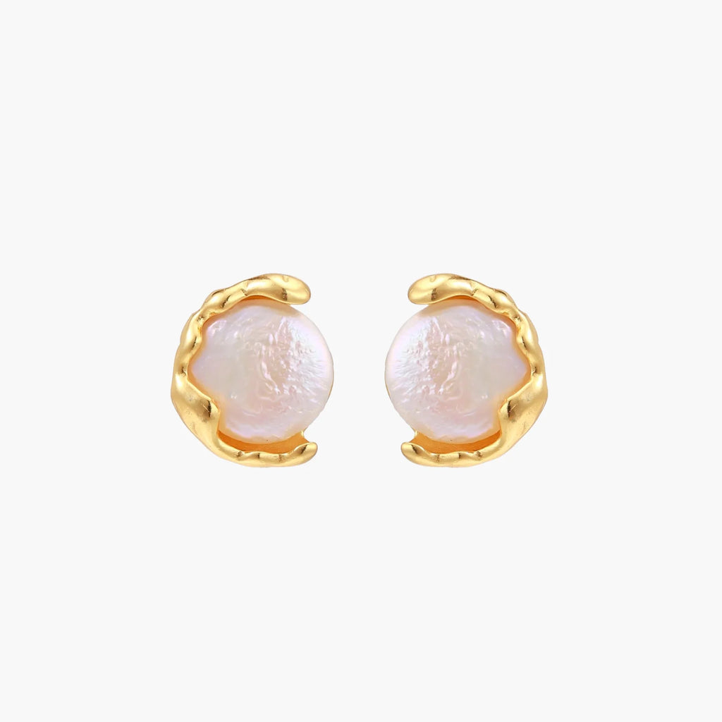 Gold vermeil studs with lustrous pink freshwater pearls in organic crescent settings