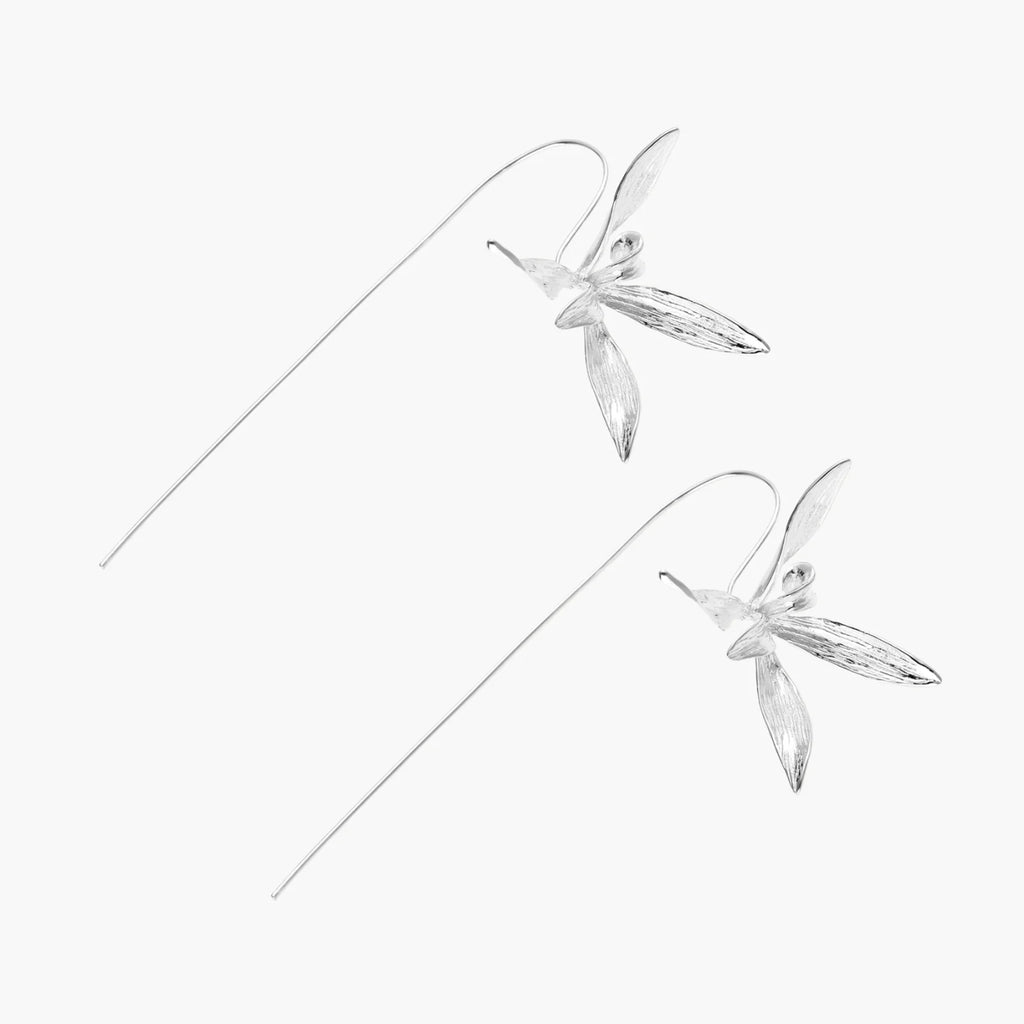 Delicate sterling silver dragonfly earrings with textured wings and curved threader hooks on white background