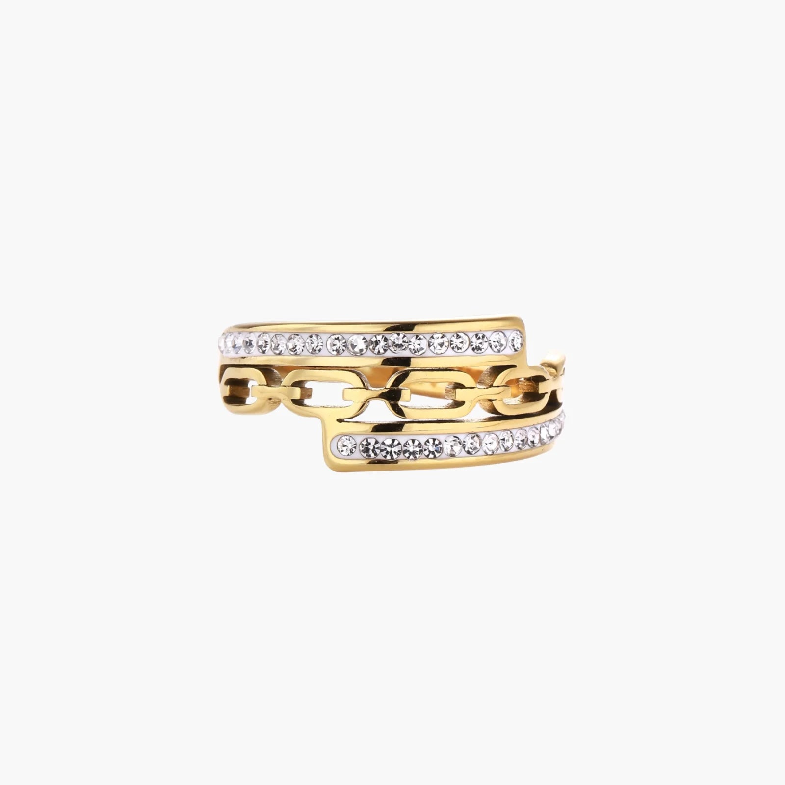 Gold-plated stainless steel ring with geometric chain link design flanked by two rows of clear rhinestones