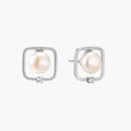 Rhodium-plated silver stud earrings with cushion frame, centered freshwater pearl, and tiny crystal accent