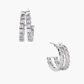 White gold-plated hoop earrings with double row of baguette-cut zirconia stones in geometric ladder design