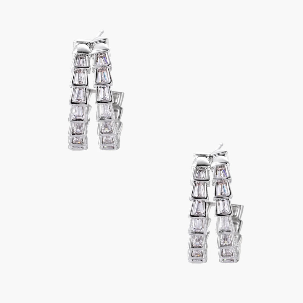 White gold-plated hoop earrings with double row of baguette-cut zirconia stones in geometric ladder design