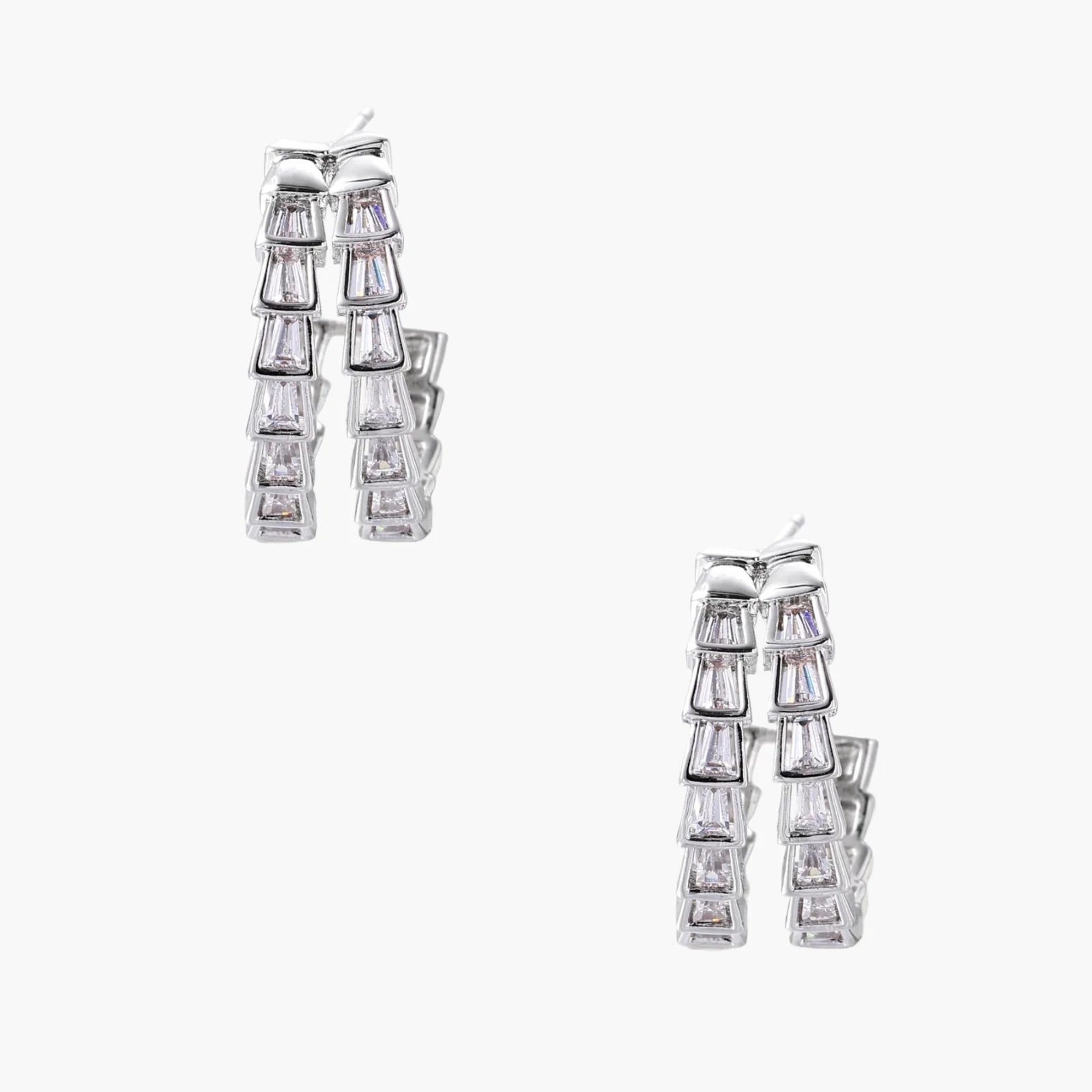 White gold-plated hoop earrings with double row of baguette-cut zirconia stones in geometric ladder design