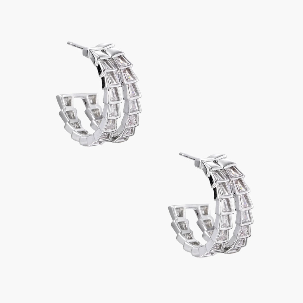 White gold-plated hoop earrings with double row of baguette-cut zirconia stones in geometric ladder design