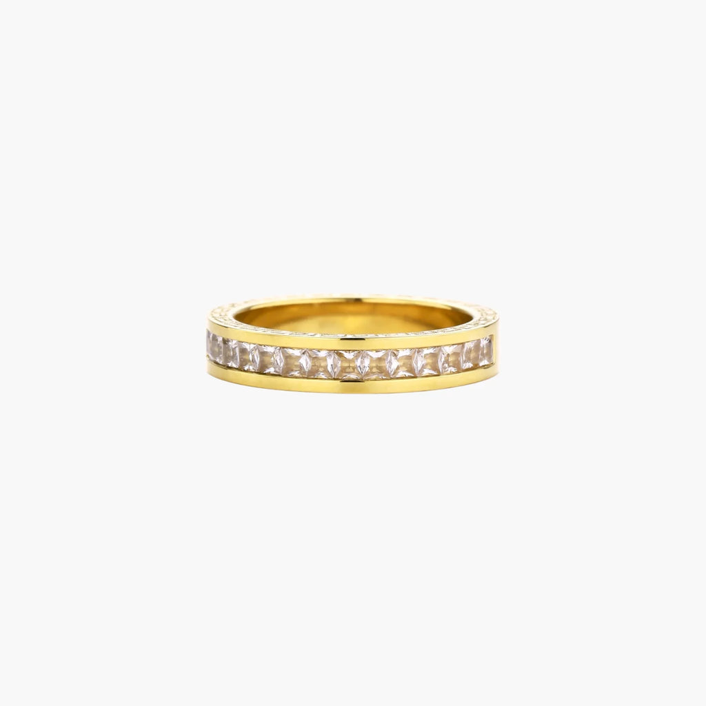 14K gold-plated band with channel-set zirconia and Greek key pattern engraving on polished finish