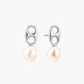 Modern rhodium-plated silver earrings with geometric double-circle design and freshwater pearl drops