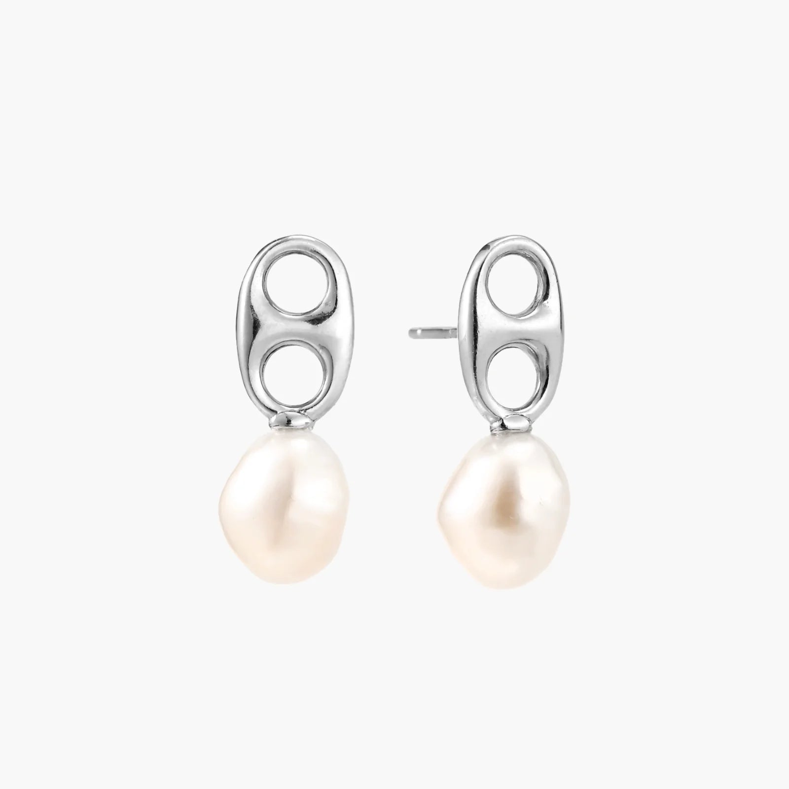 Modern rhodium-plated silver earrings with geometric double-circle design and freshwater pearl drops