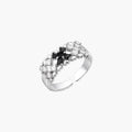 White gold plated adjustable ring with three rows of square zirconia stones in black or pink chevron pattern