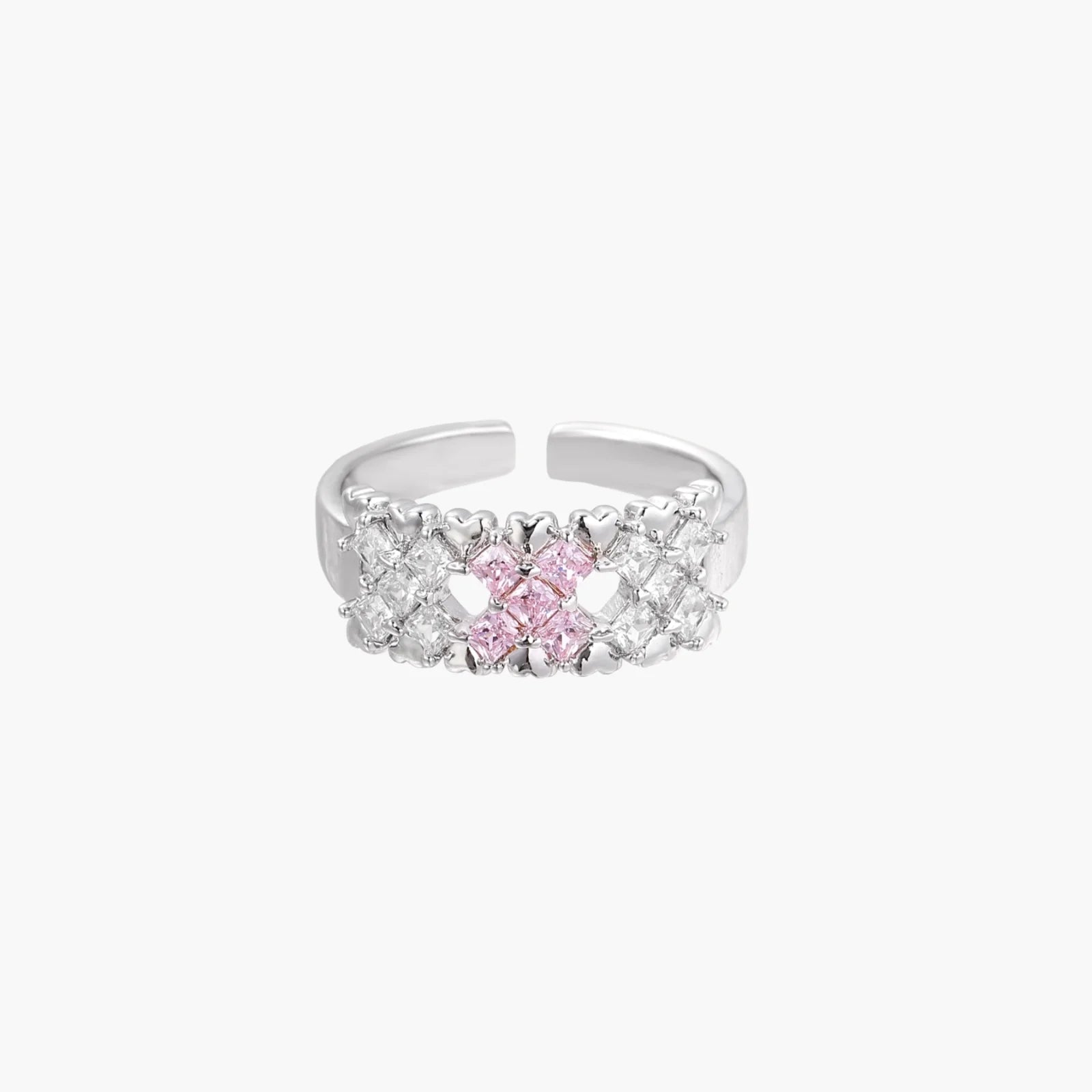 White gold plated adjustable ring with three rows of square zirconia stones in black or pink chevron pattern