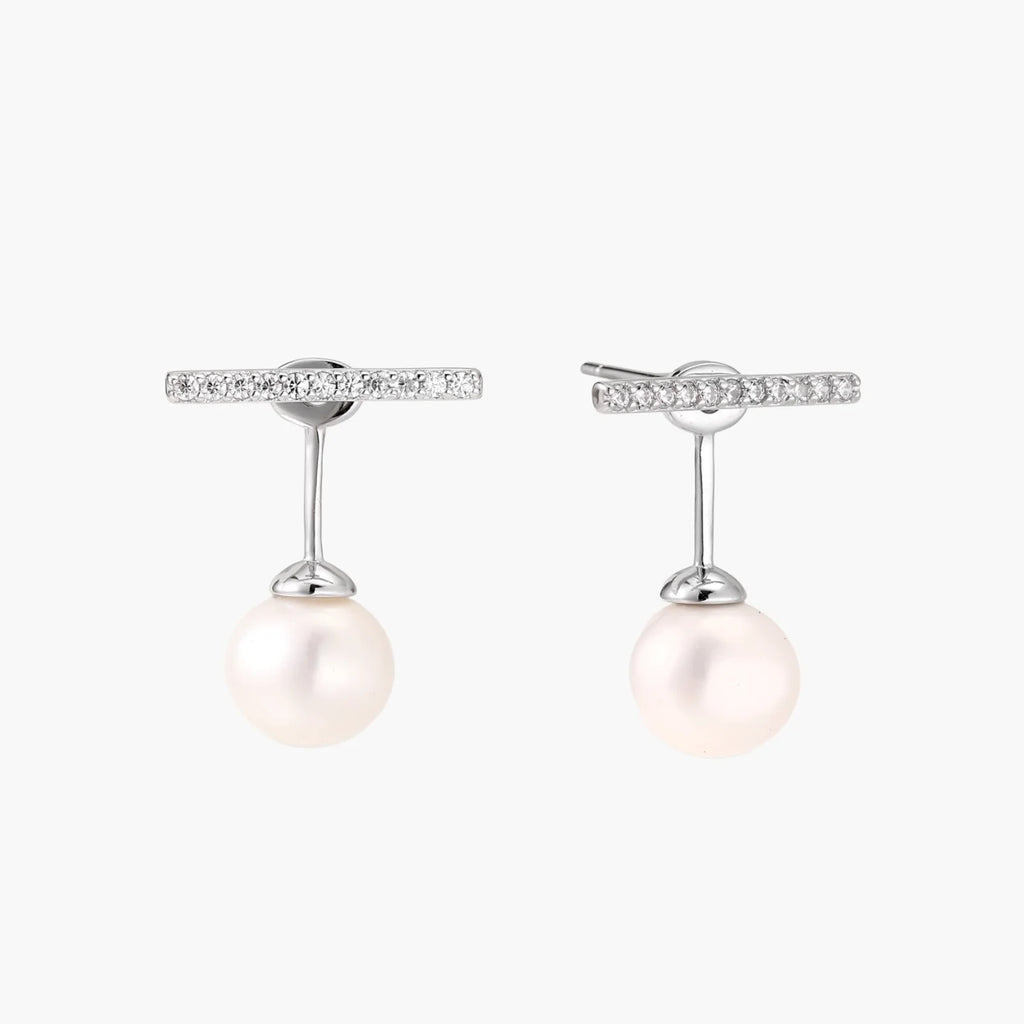 Rhodium-plated sterling silver ear jacket earrings with diamond-set horizontal bar and freshwater pearl drop