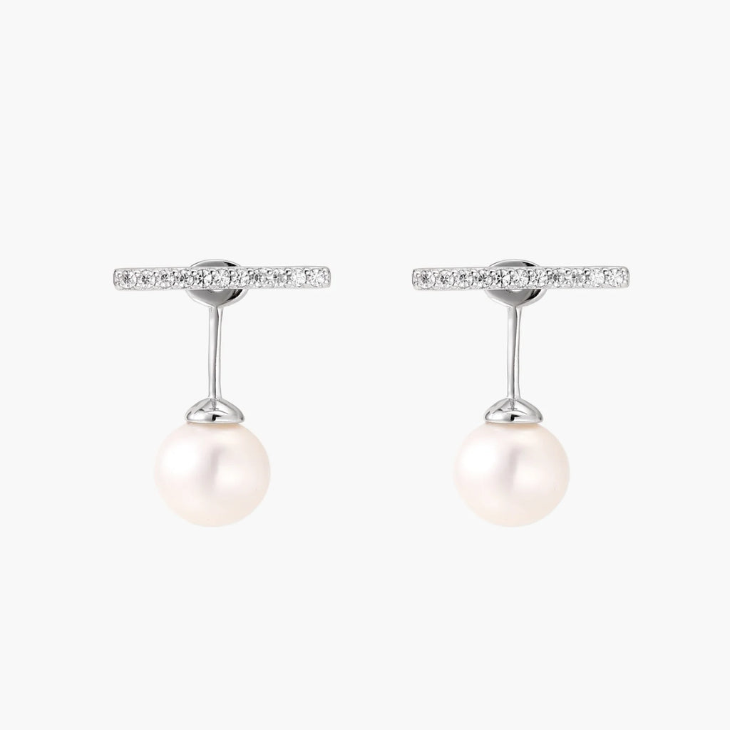 Rhodium-plated sterling silver ear jacket earrings with diamond-set horizontal bar and freshwater pearl drop