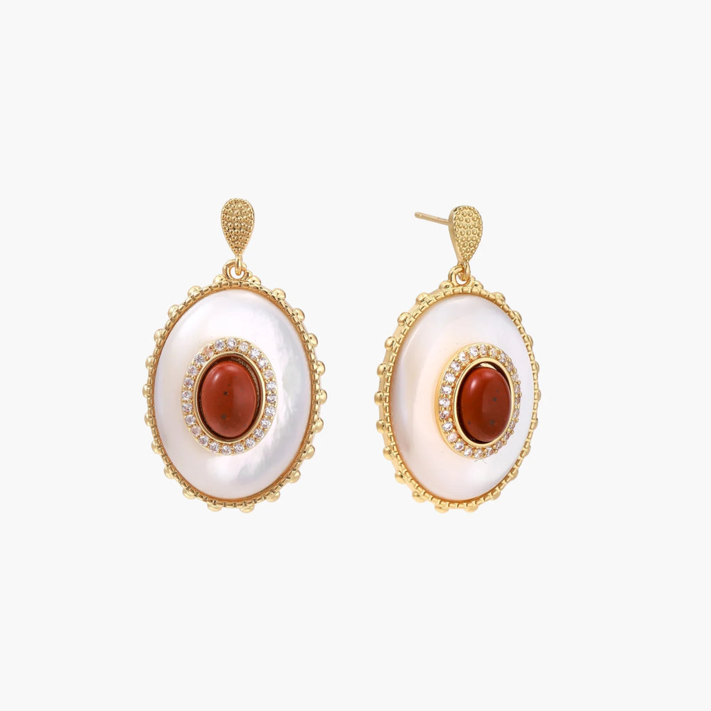 Gold-plated drop earrings with layered oval mother-of-pearl and cognac gemstone center framed by crystal halo