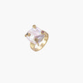 Gold ring with large iridescent baroque pearl and four colored gemstones on textured band