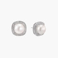 Cushion-shaped sterling silver stud earrings with freshwater pearls surrounded by geometric diamond halos