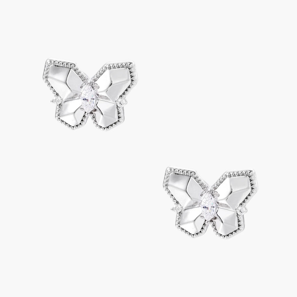 Silver butterfly stud earrings with marquise center stone and pavé crystal border on white background