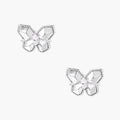 Silver butterfly stud earrings with marquise center stone and pavé crystal border on white background