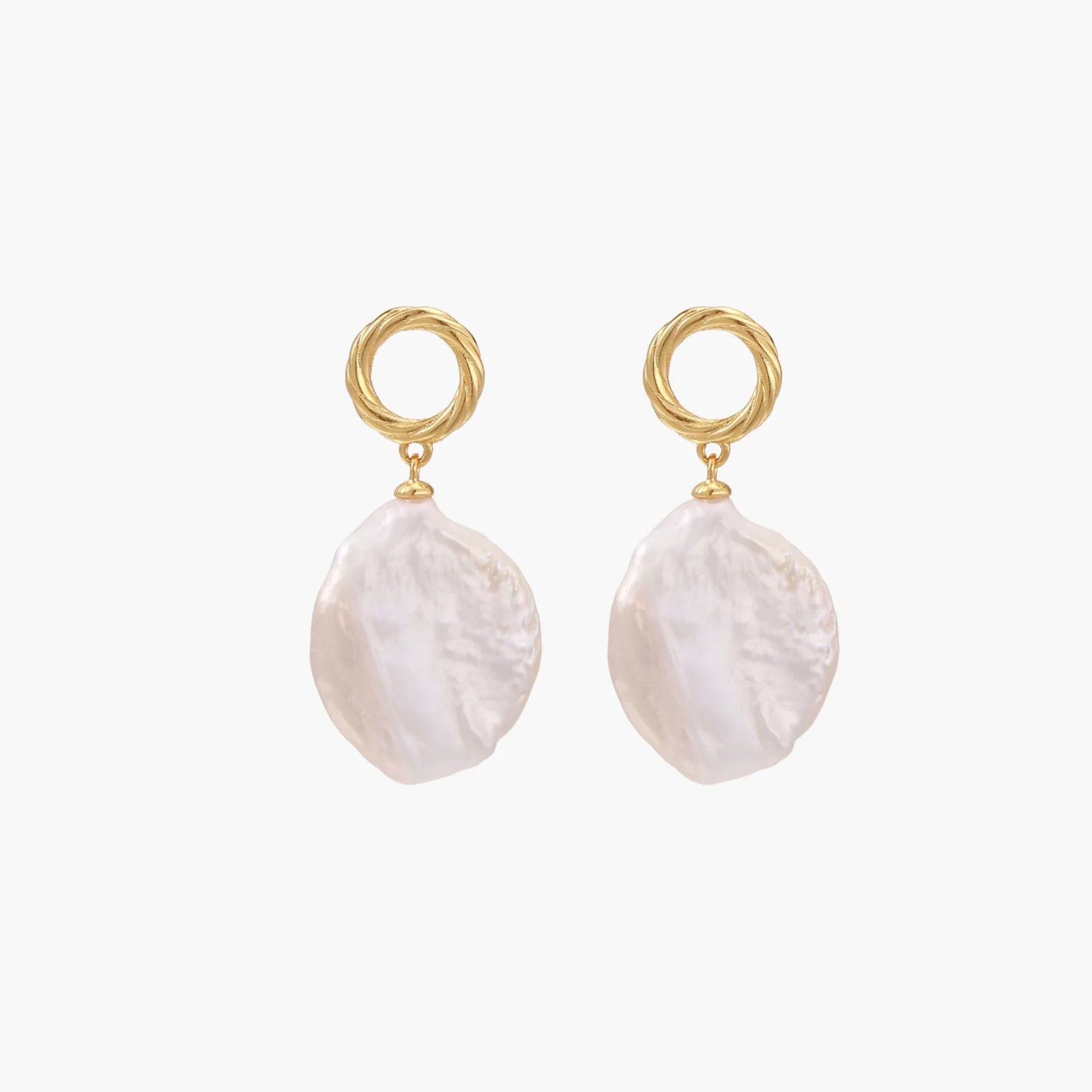 18K gold vermeil twisted circle studs with organic white baroque pearl drops on cream background
