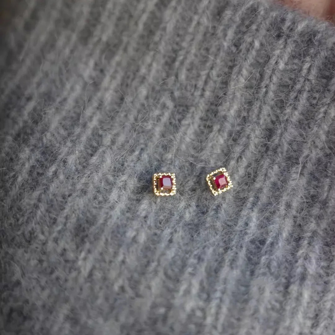 925 Sterling Silver Pure 14K Gold Square Zircon Piercing Stud Earrings