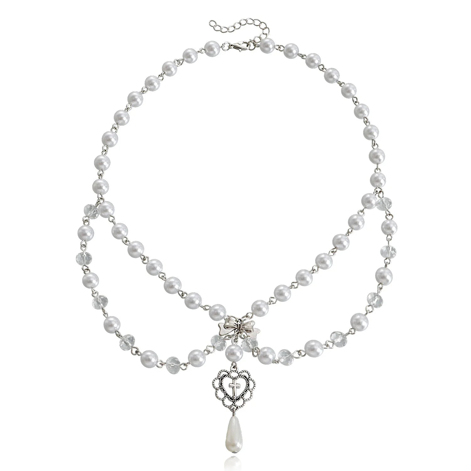 Adornment niche design with double layer high gloss imitation pearl tassel, love butterfly cross necklace, versatile for women