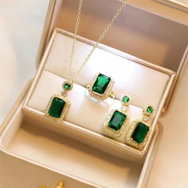 3Pcs Emerald Crystal Necklace Earrings