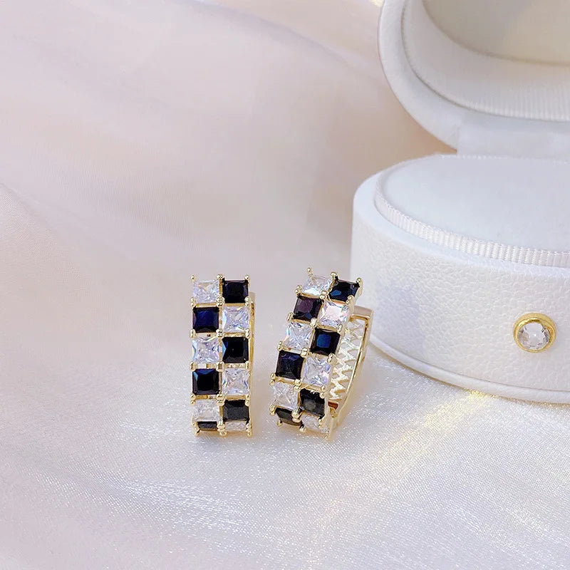 14K real gold plating luxury black and white zircon plaid hoop earrings