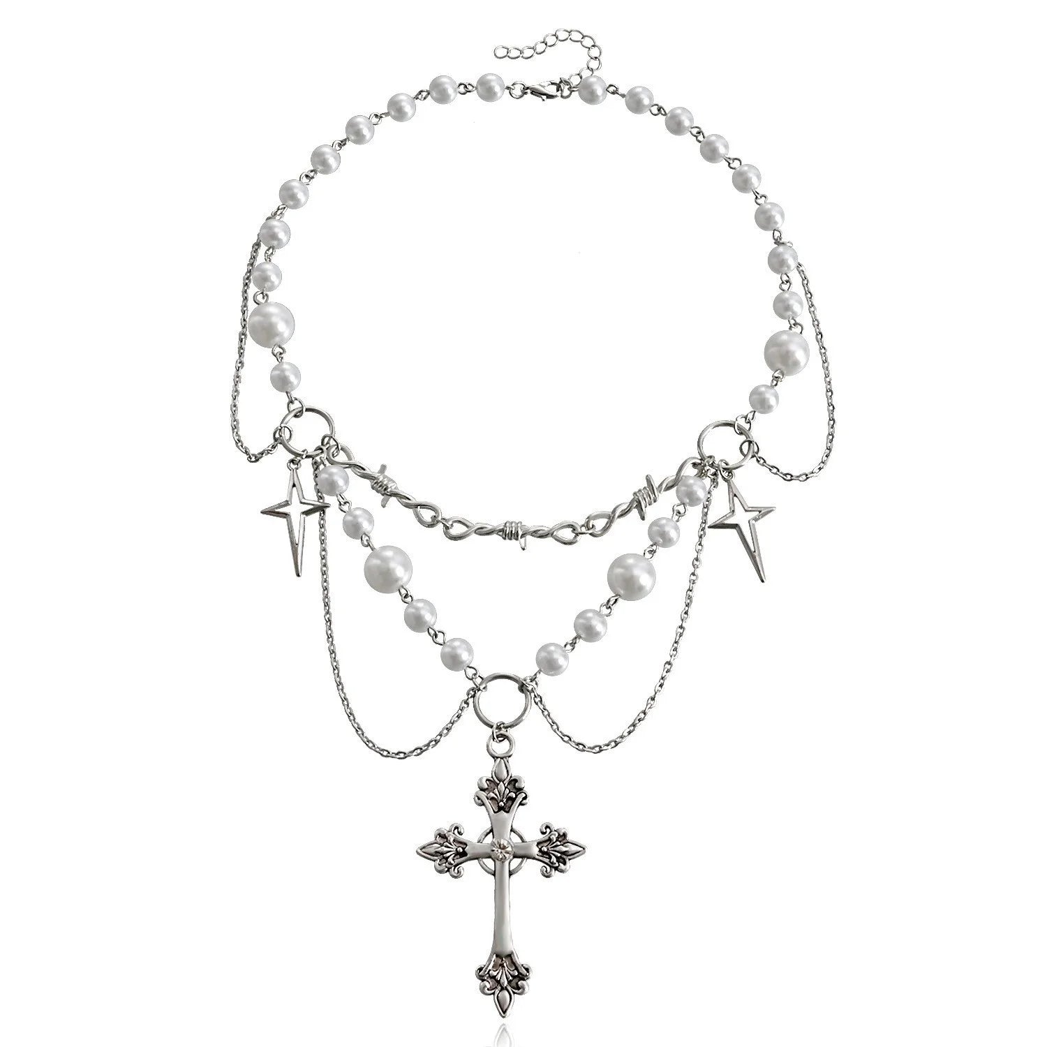 Adornment niche design with double layer high gloss imitation pearl tassel, love butterfly cross necklace, versatile for women